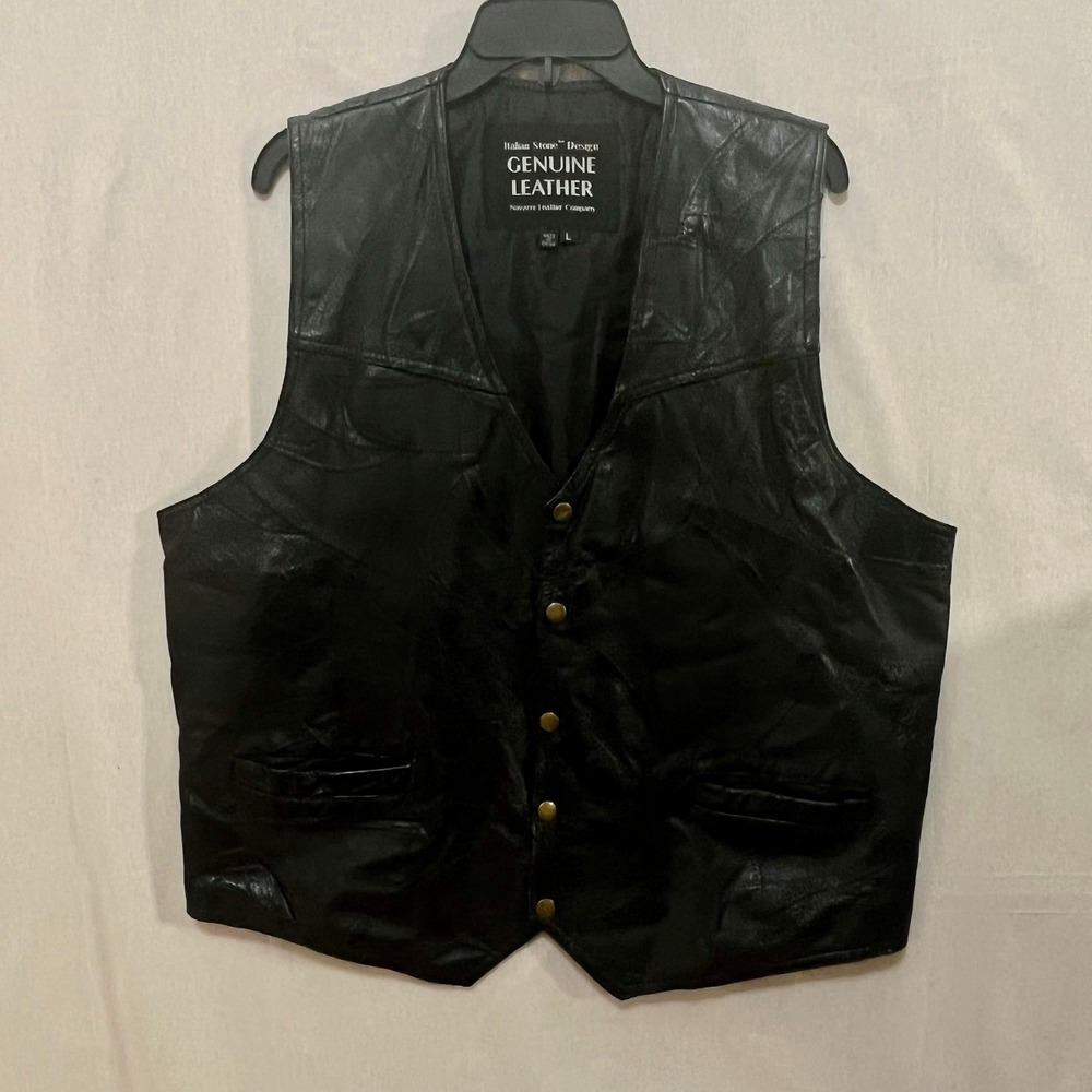 Italian Stone Design Leather Vest Mens Large Black Excellent Patchwork Biker